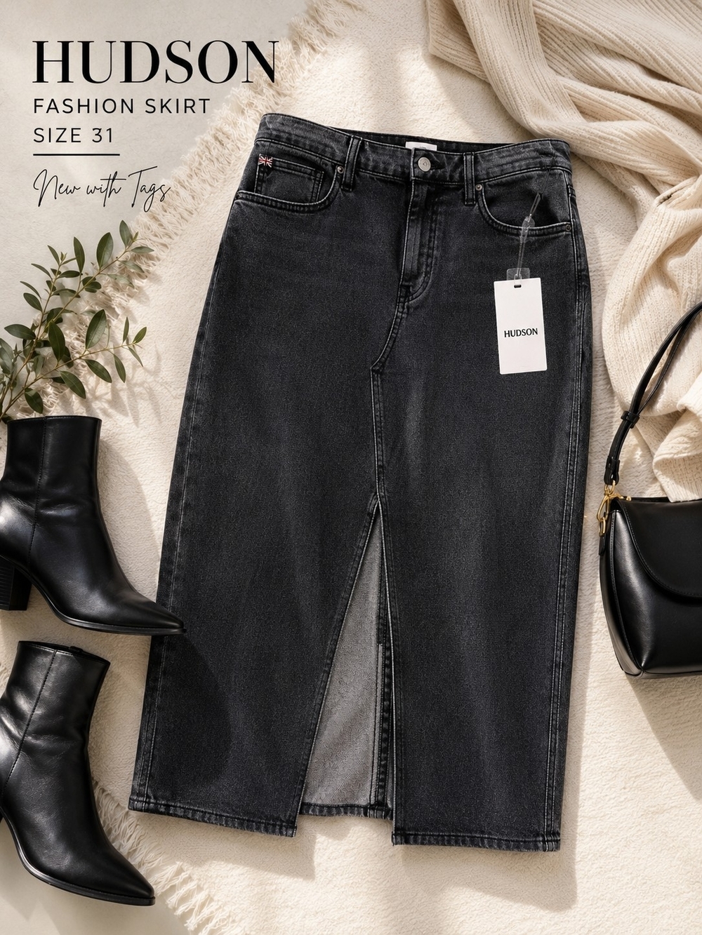 Hudson Fashion Black Denim Midi Skirt Size 31 (Size 10) Front Slit NWT